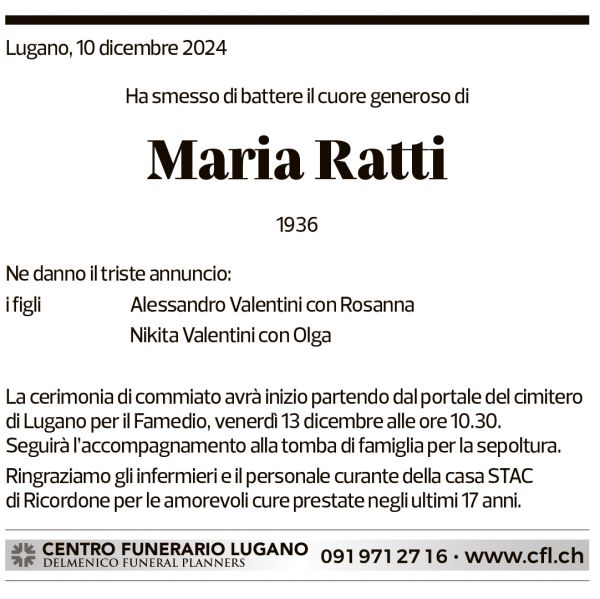 Annuncio funebre Maria Ratti