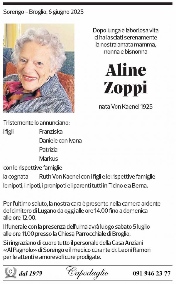 Annuncio funebre Aline Zoppi