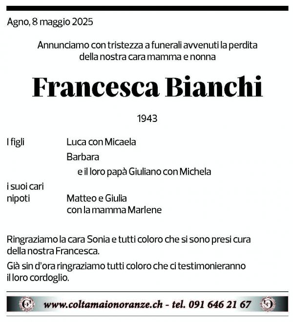Annuncio funebre Francesca Bianchi