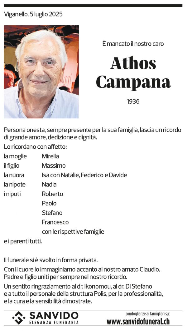 Annuncio funebre Athos Campana