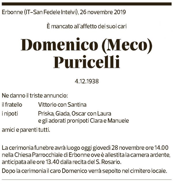 Annuncio funebre Domenico Puricelli