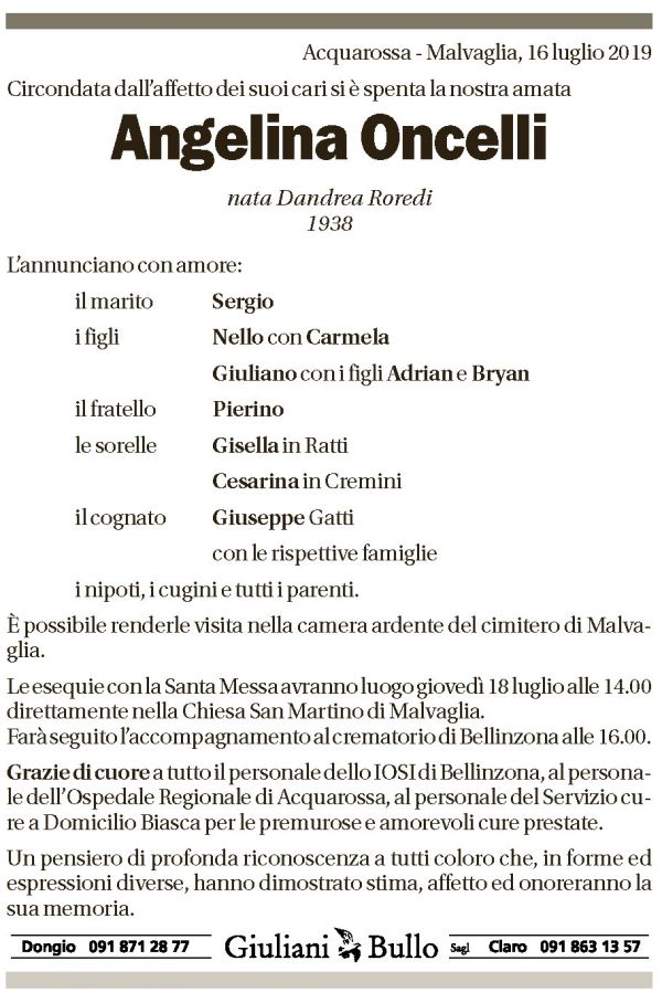 Annuncio funebre Angelina Oncelli