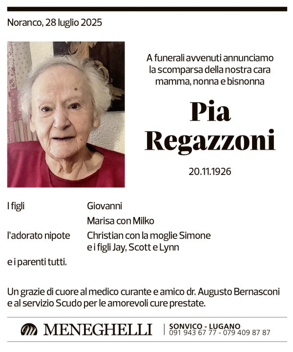 Annuncio funebre Pia Regazzoni