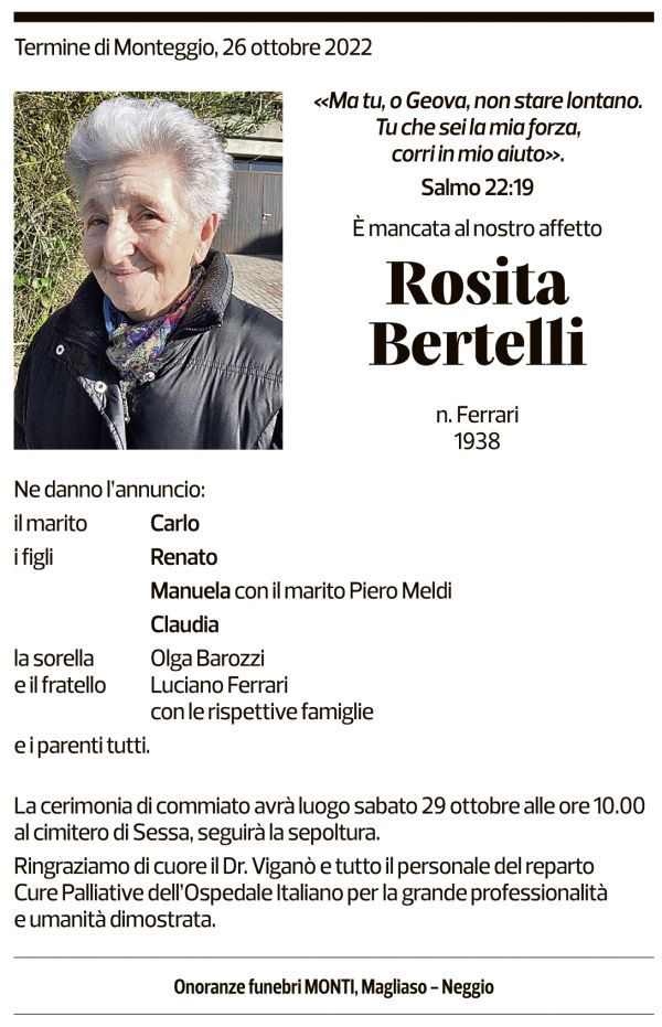 Annuncio funebre Rosita Bertelli