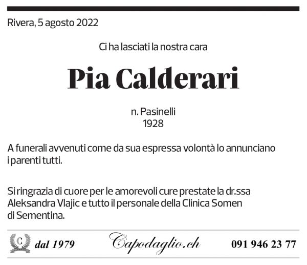 Annuncio funebre Pia Calderari