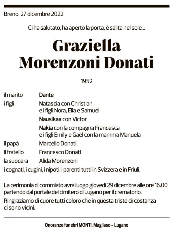 Annuncio funebre Graziella Morenzoni Donati