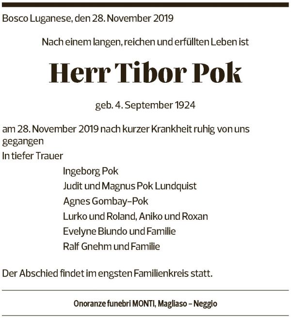 Annuncio funebre Herr Tibor Pok