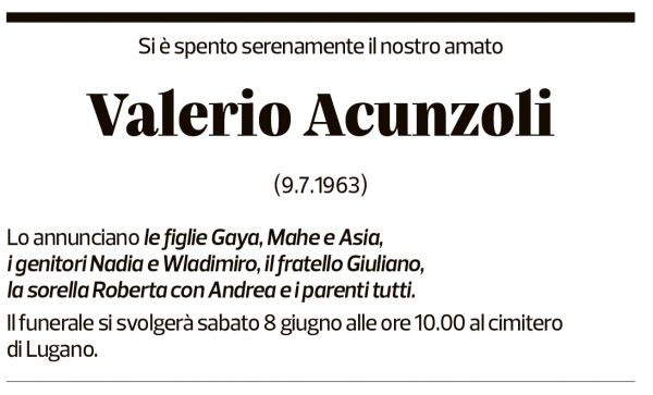 Annuncio funebre Valerio Acunzoli