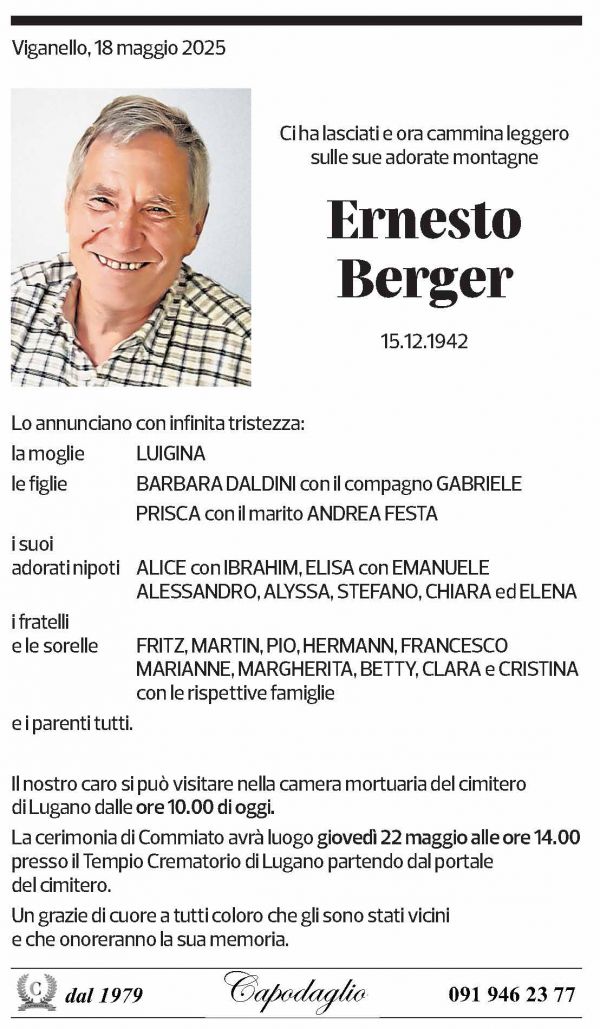 Annuncio funebre Ernesto Berger