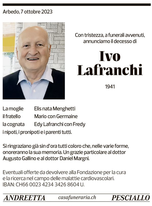 Annuncio funebre Ivo Lafranchi