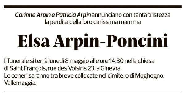 Annuncio funebre Elsa Arpin-poncini