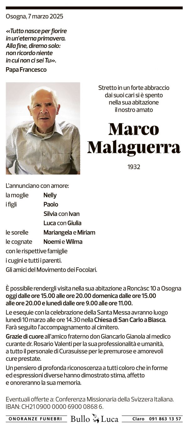 Annuncio funebre Marco Malaguerra