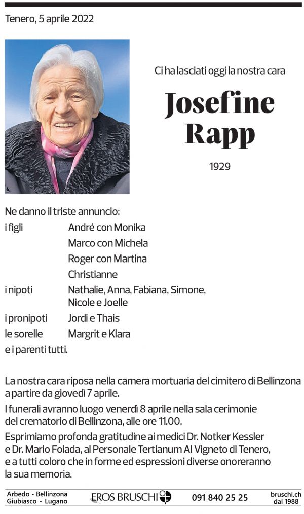 Annuncio funebre Josefine Rapp