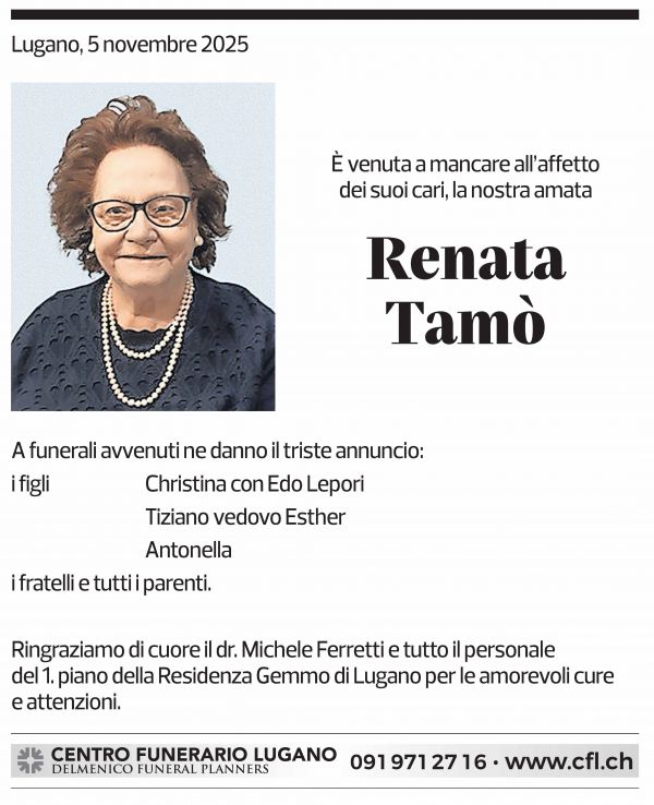 Annuncio funebre Renata Tamò