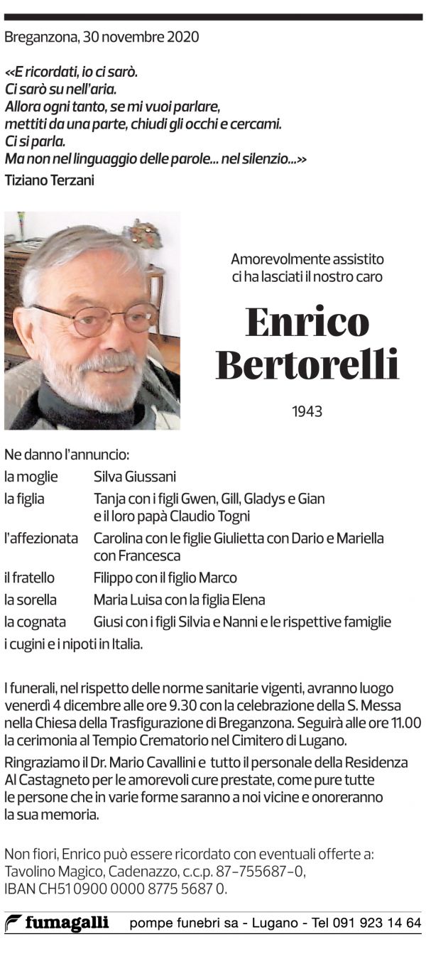 Annuncio funebre Enrico Bertorelli