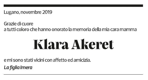 Annuncio funebre Klara Akeret