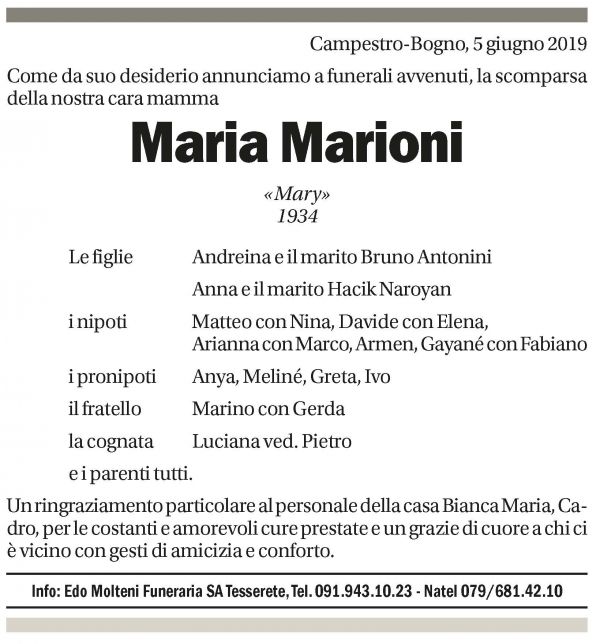 Annuncio funebre Maria Marioni