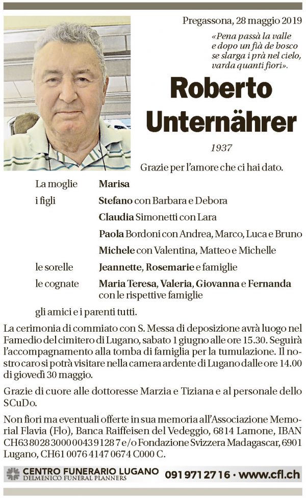 Annuncio funebre Roberto Unternährer