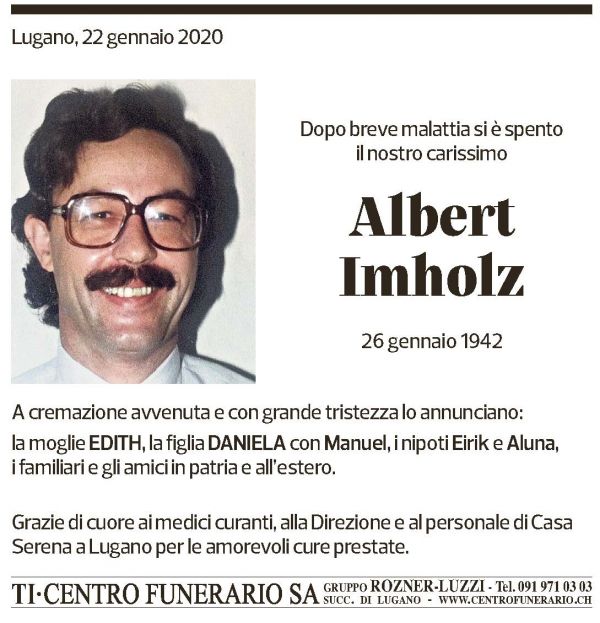 Annuncio funebre Albert Imholz