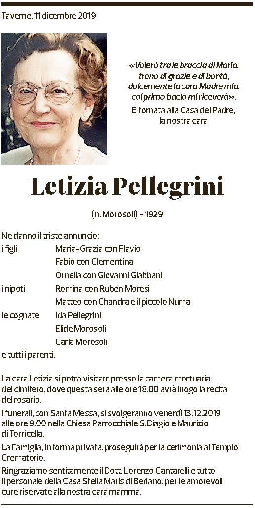 Annuncio funebre Letizia Pellegrini