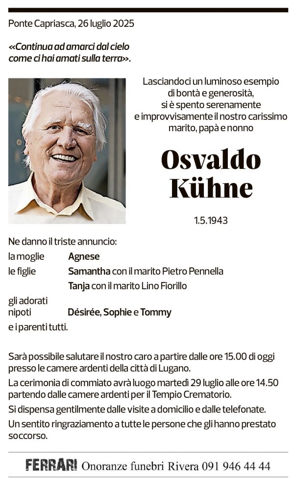 Annuncio funebre Osvaldo Kühne