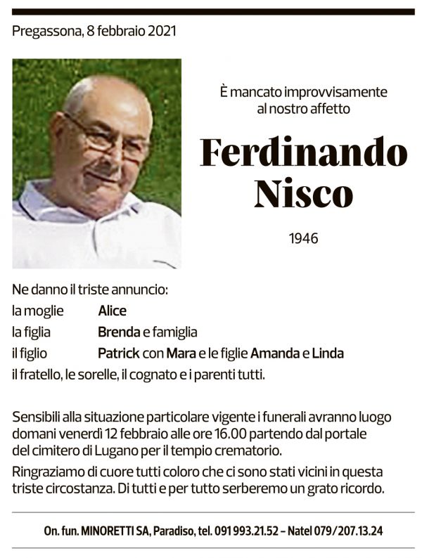 Annuncio funebre Ferdinando Nisco