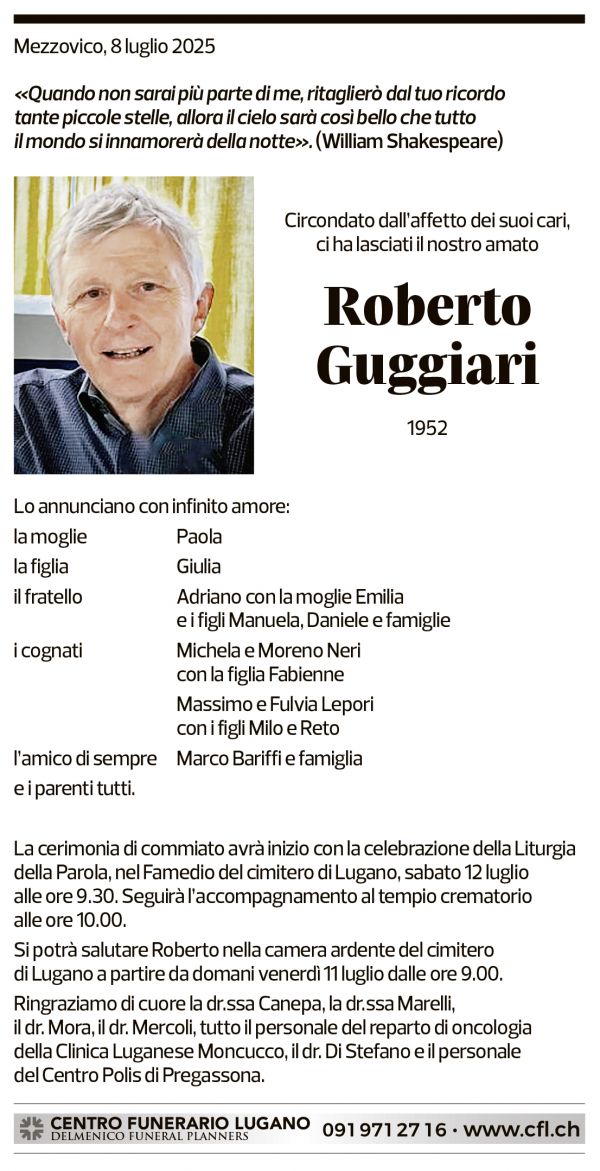 Annuncio funebre Roberto Guggiari
