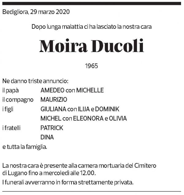 Annuncio funebre Moira Ducoli