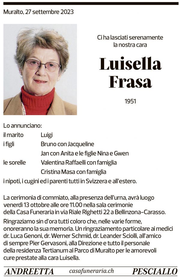 Annuncio funebre Luisella Frasa