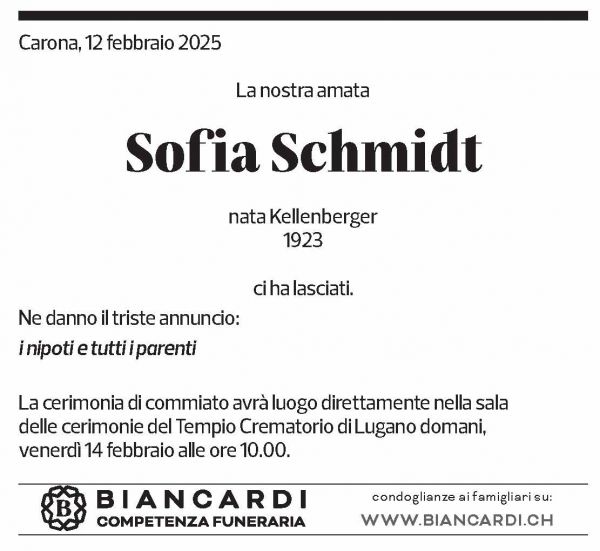 Annuncio funebre Sofia Schmidt