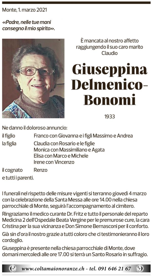 Annuncio funebre Giuseppina Delmenico-bonomi