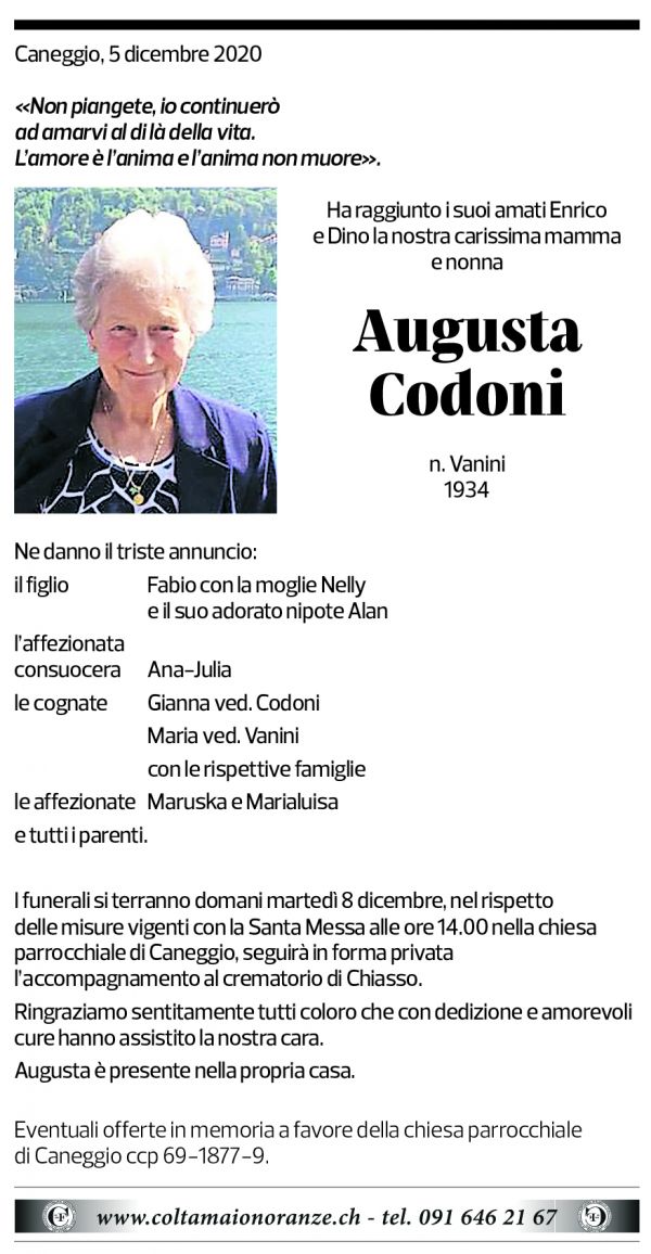 Annuncio funebre Augusta Codoni