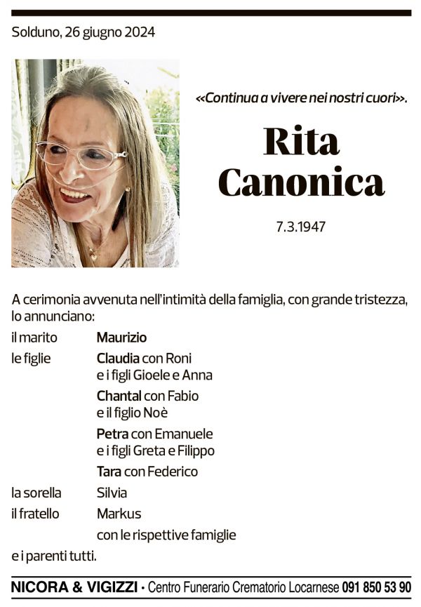 Annuncio funebre Rita Canonica