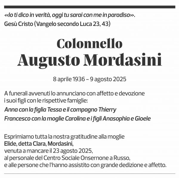 Annuncio funebre Augusto Mordasini