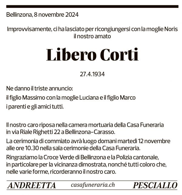 Annuncio funebre Libero Corti