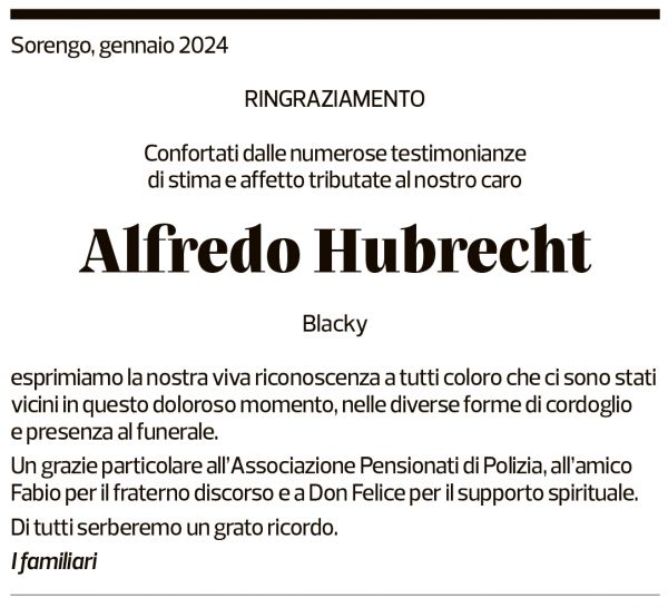 Annuncio funebre Alfredo Hubrecht