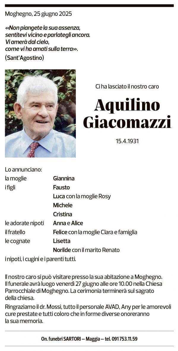 Annuncio funebre Aquilino Giacomazzi