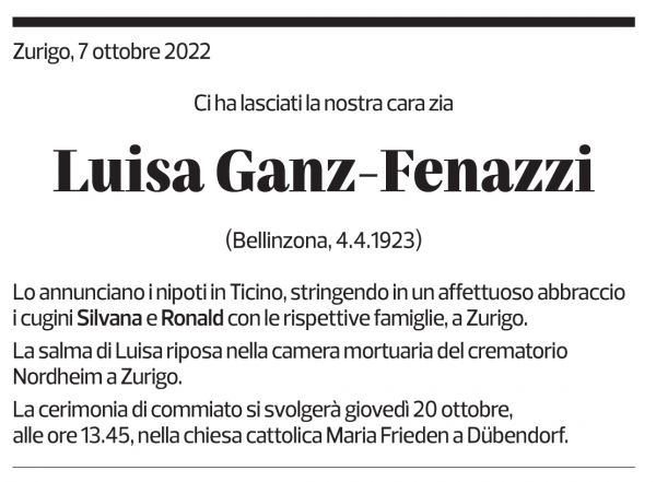 Annuncio funebre Luisa Ganz-fenazzi