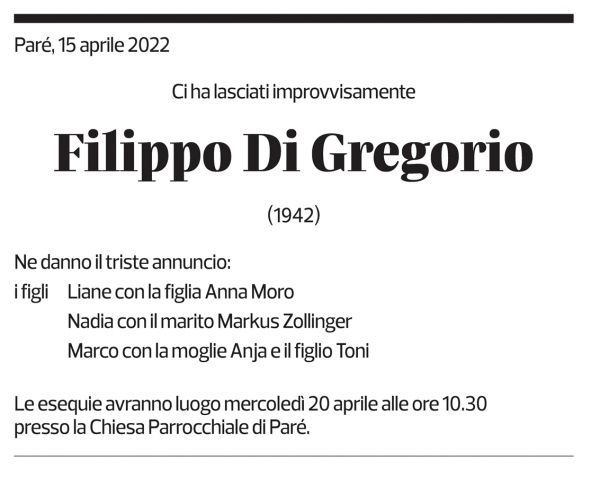 Annuncio funebre Filippo Di Gregorio