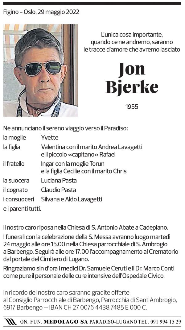 Annuncio funebre Jon Bjerke