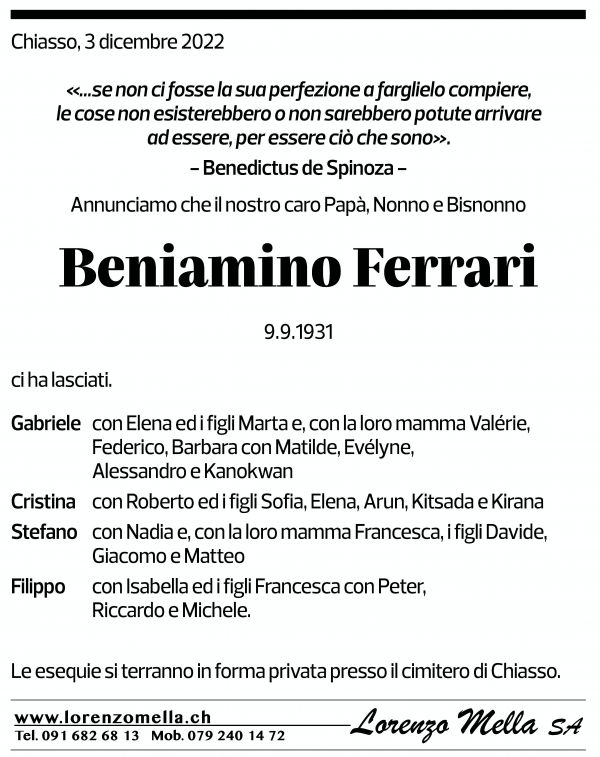 Annuncio funebre Beniamino Ferrari