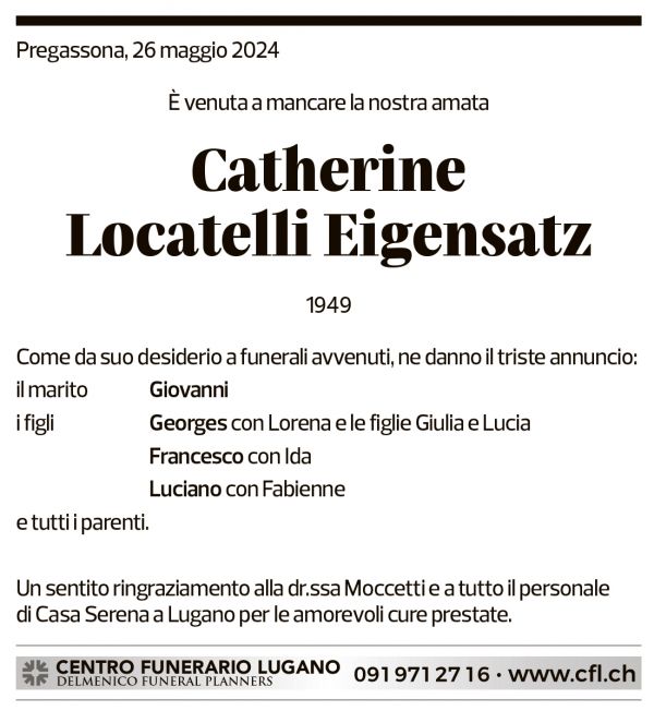 Annuncio funebre Catherine Locatelli Eigensatz