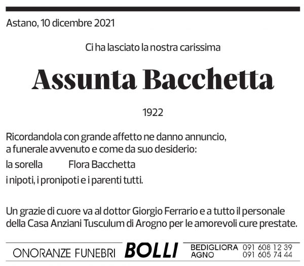 Annuncio funebre Assunta Bacchetta