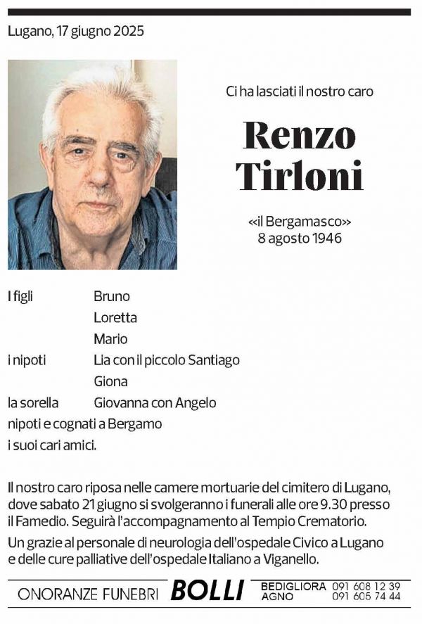 Annuncio funebre Renzo Tirloni