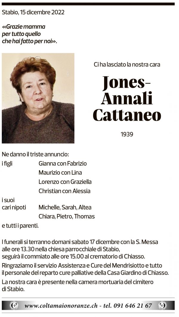 Annuncio funebre Jones-annali Cattaneo