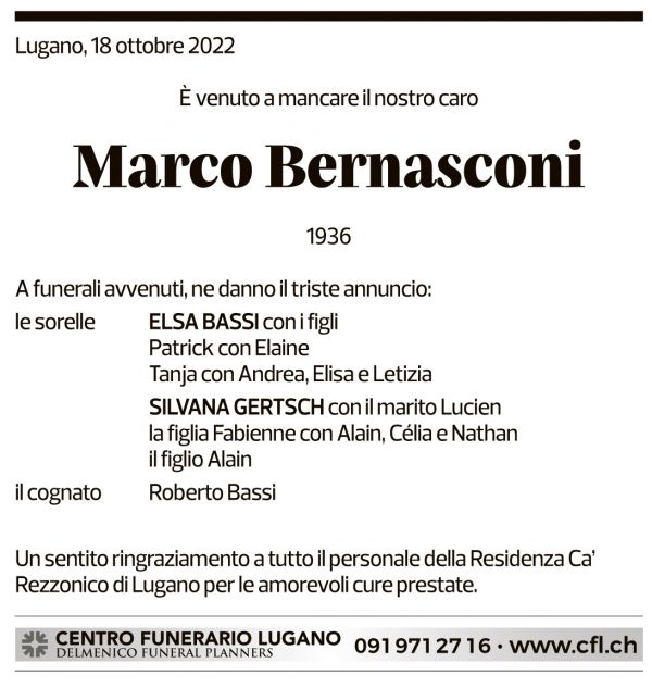 Annuncio funebre Marco Bernasconi