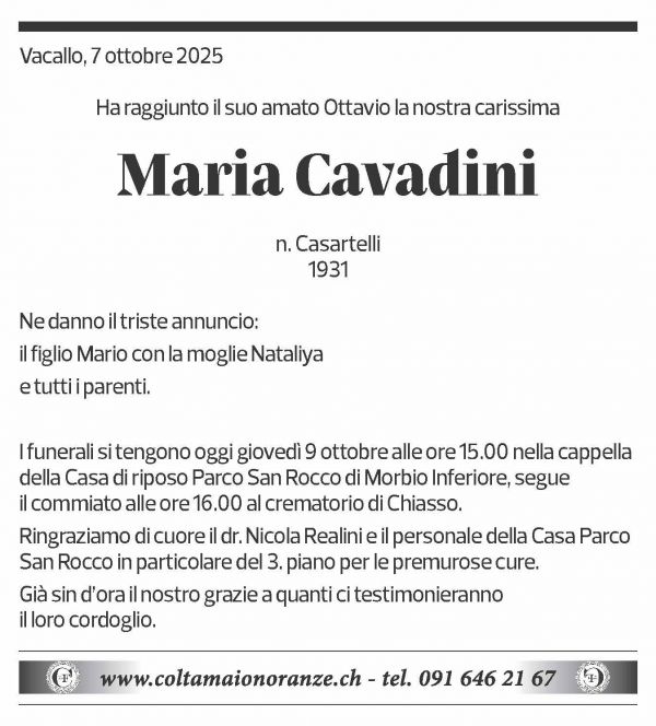 Annuncio funebre Maria Cavadini