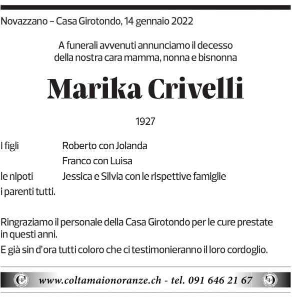 Annuncio funebre Marika Crivelli