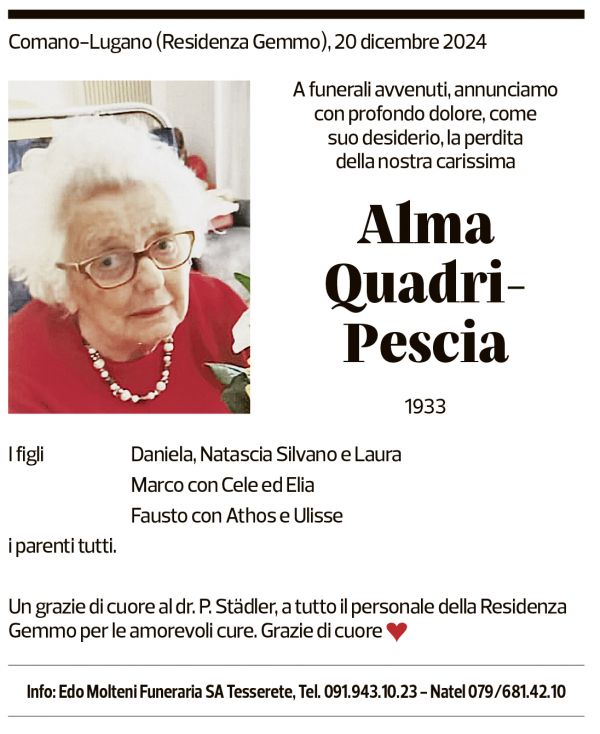 Annuncio funebre Alma Quadri-pescia