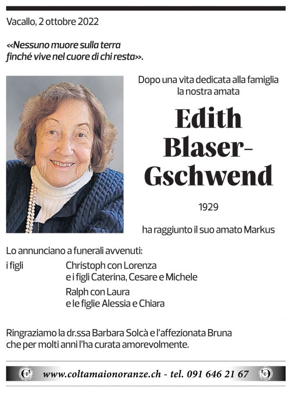 Annuncio funebre Edith Blaser-gschwend